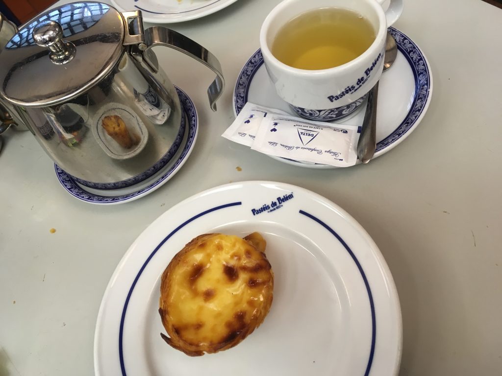 Pastels de Belem on table in Portugal