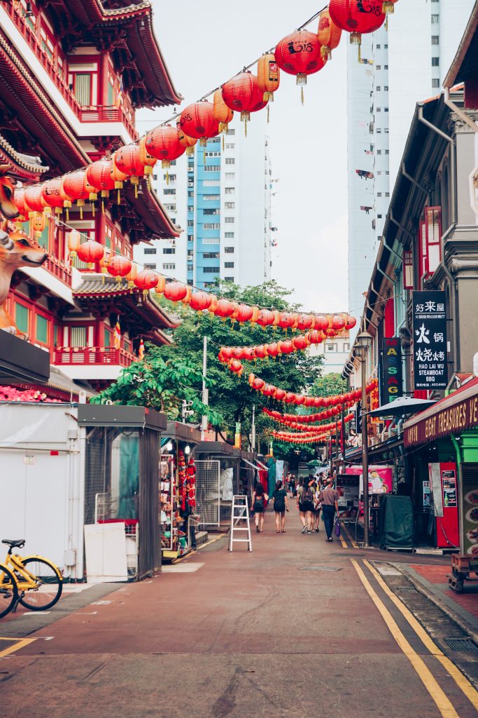 Chinatown Singapore with the Buddhist Temple and lanterns
