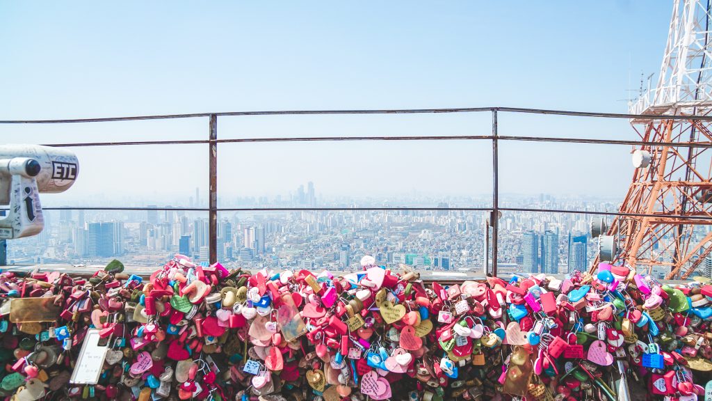 Love locks with skyline Seoul