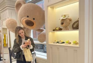 women with bear drink from famous shop in Shanghai